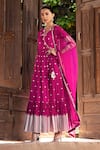 Shop_PREEVIN_Fuchsia Angrakha Cotton Mulmul And Dupatta Tulle & Leaf Anarkali With  _at_Aza_Fashions