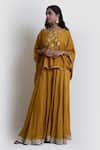 Shop_Brij_Yellow Spun Silk Embroidered Zardozi Round Cape And Flared Pant Set _at_Aza_Fashions