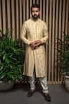 Shop_Darshika Menswear_Beige Silk Embroidery Thread Placement Kurta Set _at_Aza_Fashions