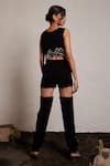 Shop_Pocket Stories_Black Microsuit Embroidery Beads And Wave Pattern Crop Top & Thigh Cutout Pant Set _at_Aza_Fashions