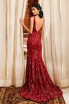 Shop_Nadine Dhody_Red Tulle Hand Embroidered Bead Deep V Neck Lyssa Trail Gown  _at_Aza_Fashions