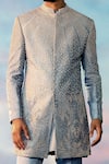 Shop_Rohit Gandhi + Rahul Khanna_Blue Chanderi, Viscose Mihrab Geometric Abstract Embellished Sherwani Set _at_Aza_Fashions