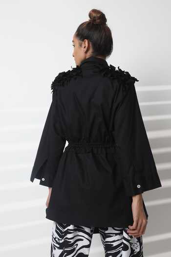 Shop_Studio Moda India_Black Cotton Embroidery Collared Sway Work Drawstring Shirt _at_Aza_Fashions