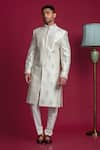 Shop_Jayesh Shah_Silver Raw Silk Embroidered Mirror Sherwani And Pant Set _at_Aza_Fashions