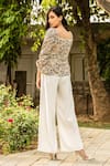 Shop_B'Infinite_Beige Crepe Print Floral Square Neck Vintage Top And Trouser Set _at_Aza_Fashions