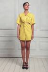 Shop_Couché By Anandini_Yellow Crepe Shawl Neck Solid Cut Out Shirt Dress _at_Aza_Fashions