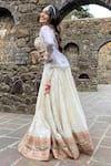 Shop_Priti Sahni_Ivory Silk, Organza, Georgette Pearls, Mirrorwork Floral Jacket Lehenga Set _at_Aza_Fashions