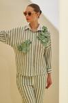 Shop_Pleats By Aruni_Green Linen Applique, Fabric Flowers Collared Striped Pattern Shirt And Pant Set_at_Aza_Fashions