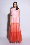 Shop_Itara_Coral Organza Plain High Neck Tiered Gown _at_Aza_Fashions