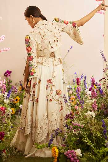 Shop_Chandrima_Ivory Chanderi Embroidery Open Neck Floral Bead Bolero Jacket _at_Aza_Fashions