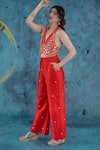 Shop_Kacha Tanka_Red Dupion Art Silk Embroidery Floral Lapel Mirror And Thread Crop Top Cape Set _at_Aza_Fashions