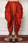 Shop_Arihant Rai Sinha_Red Dupion Silk Arrow Metallic Pattern Hem Cowl Pant _at_Aza_Fashions