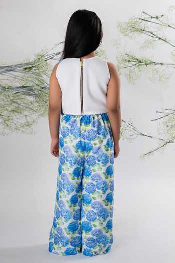 Shop_Lil Angels_White Crepe, Cotton Fringe, Embroidery Top And Floral Print Pant Set _at_Aza_Fashions