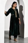 Shop_k-anshika_Emerald Green Velvet Embroidery Zari Round Yoke Kurta And Pant Set _at_Aza_Fashions