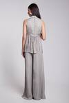 Shop_Suruchi Parakh_Grey Crepe, Silk Embroidery, Sequins, Cut Work Asymmetric Peplum Top And Pant _at_Aza_Fashions