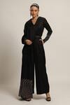 Shop_Sejal Kamdar_Black German Satin Embellished Cut Pipe V Neck Draped Jumpsuit _at_Aza_Fashions