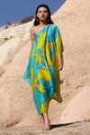 Shop Twinkle Hanspal Blue Handloom Chanderi Floral Asymmetric Fallon One Shoulder Kaftan And Pant Set at Aza Fashions Shop_Twinkle Hanspal_Blue Handloom Chanderi Floral Asymmetric Fallon One Shoulder Kaftan And Pant Set_at_Aza_Fashions