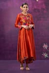 Shop_Label Niti Bothra_Orange Kora Silk Applique Mughal Round Floral Kurta And Palazzo Set _at_Aza_Fashions