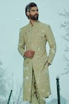 Shop_Sahil Kochhar_Beige Silk Embroidery Masha Applique Sherwani Set _at_Aza_Fashions