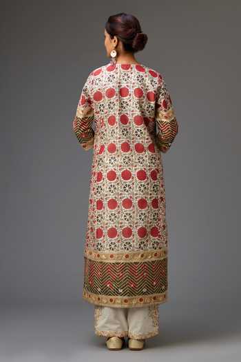 Shop_Kora_Red Silk, Cotton, Chanderi Embroidery, Tassels, Gota Hand Block Print Kurta Set _at_Aza_Fashions