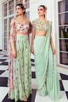 Shop_DiyaRajvvir_Green Tulle Embroidered Floral Blouse And Pre-draped Gharara Saree Set _at_Aza_Fashions