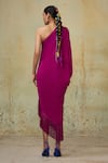 Shop_Style Junkiie_Magenta Satin Embroidered Ruching One Shoulder Draped Dress  _at_Aza_Fashions