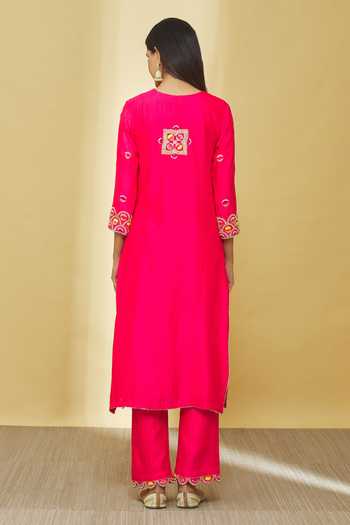 Shop_Surbhi Shah_Red Silk, Organza Beads, Gota Patti, Zari, Embroidery Round Neck Hand Kurta Set _at_Aza_Fashions