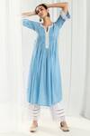 Shop_Roze_Blue Cotton, Handloom Cotton, Chiffon Embroidery, Iris Pintucked Yoke Kurta Set _at_Aza_Fashions