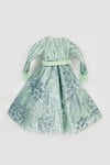 Shop_Fayon Kids_Green Satin Sequins, Fabric Flowers Fur Embellished Sleeve Gown _at_Aza_Fashions