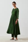 Shop_Label Earthen_Green Cotton Mul Mirror Work, Resham Round Gathered Kurta And Pant Set _at_Aza_Fashions