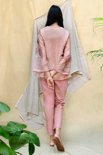 Shop_Chambray & Co._Pink Chanderi, Organza, Poplin Applique Round Neck Shirt And Pant Set _at_Aza_Fashions
