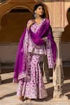 Shop_POMCHA JAIPUR_Purple Kurta And Sharara Cotton & Dupatta Organza Aafreen Block Set _at_Aza_Fashions