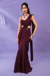 Shop_Pritika Vora_Maroon Saree  Georgette Embroidered Thread Sweetheart Neck Pre-draped Set_at_Aza_Fashions