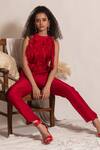 Shop_Vanshika Agarwal Label_Red Organza, Taffeta, Brocade Ruffles High Neck Top And Pant Set _at_Aza_Fashions