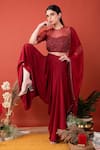 Shop_LABEL SHRISTI CHETANI_Red Crepe Hand Embroidered High Neck Draped Pant Set _at_Aza_Fashions