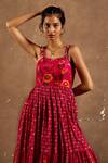 Shop_Label Kinjal Modi_Pink Cotton Silk Printed Floral Sweetheart Neck Tiered Dress  _at_Aza_Fashions