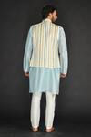 Shop_Sammohan Ceremonial_Sky Blue Vis Silk And Spun  Lining 100% Print Bundi & Kurta Set_at_Aza_Fashions