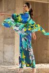 Shop_Pooja-Keyur_Blue Glass Organza Print Paradise Collared Abstract Overlay Jacket  _at_Aza_Fashions