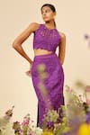 Shop_Chandrima_Purple Chanderi Embroidery Flower Round Neck Cut Work Crop Top _at_Aza_Fashions