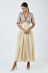 Shop_Sejal Kamdar_Beige Muslin, Silk Zari, Embroidery V-neck Ajrakh Print Yoke Dress _at_Aza_Fashions