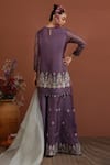 Shop_Neha Poddar_Purple Short Kurta Organza Embroidery Mirror Round Applique Work Sharara Set _at_Aza_Fashions