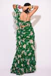 Shop_Aangan by Parul_Green Chiffon Printed Floral Plunge V Pre-draped Saree With Blouse _at_Aza_Fashions