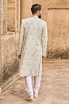 Shop_LASHKARAA_Green Velvet Printed Floral Mandarin Collar Embroidered Sherwani Set _at_Aza_Fashions