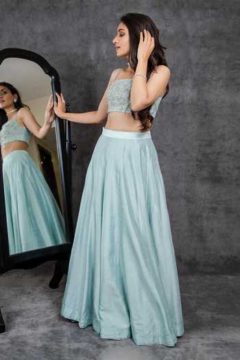 Shop_Sunita Bhandari_Blue Silk Sequins, Cut Work Square Neck Embroidered Blouse And Lehenga Set _at_Aza_Fashions