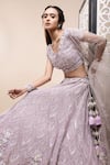 Shop_Kalighata_Purple Net Sequins, Cut Work V-neck Embellished V Bridal Lehenga Set _at_Aza_Fashions
