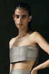 Shop_AKHL_Gold Silk-raffia Mesh Woven Metallic Strapless Bustier _at_Aza_Fashions