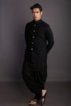 Shop_GRAM OF INK_Black Jacket - Matka Silk Solid Bandhgala With Cowl Pant  _at_Aza_Fashions