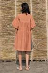 Shop_Ayaka_Brown Corduroy Embroidery Asymmetric Floral Patchwork Puff Sleeve Dress _at_Aza_Fashions