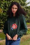 Shop_Ode To Odd_Green Cotton Fleece Hand Embroidered Thread Work Rose Sweatshirt  _at_Aza_Fashions