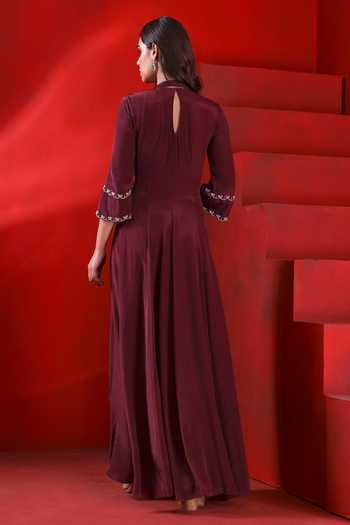 Shop_Isha Gupta Tayal_Wine Crepe, Georgette Embroidery Round Neck Floral Anarkali Set _at_Aza_Fashions